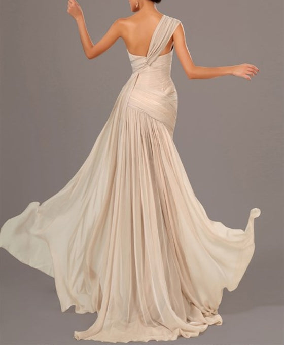 Champagne One Shoulder Sleeveless Ruched Sheath Chiffon Prom Dress