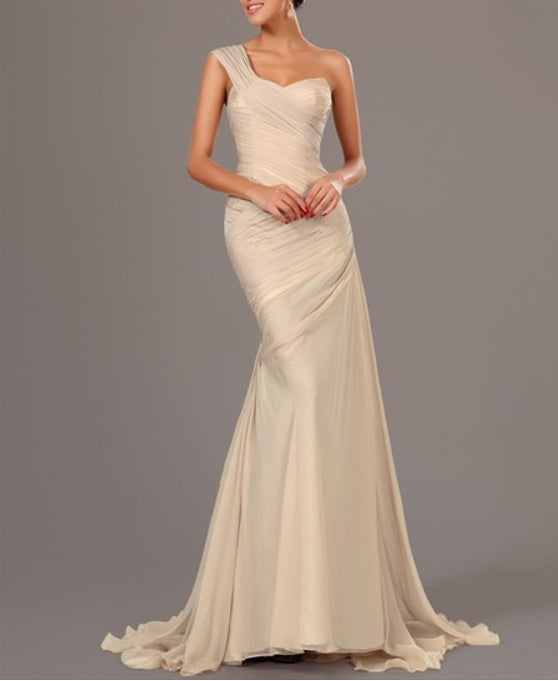 Champagne One Shoulder Sleeveless Ruched Sheath Chiffon Prom Dress