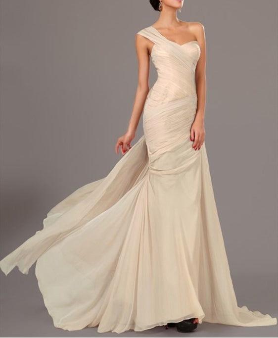 Champagne One Shoulder Sleeveless Ruched Sheath Chiffon Prom Dress