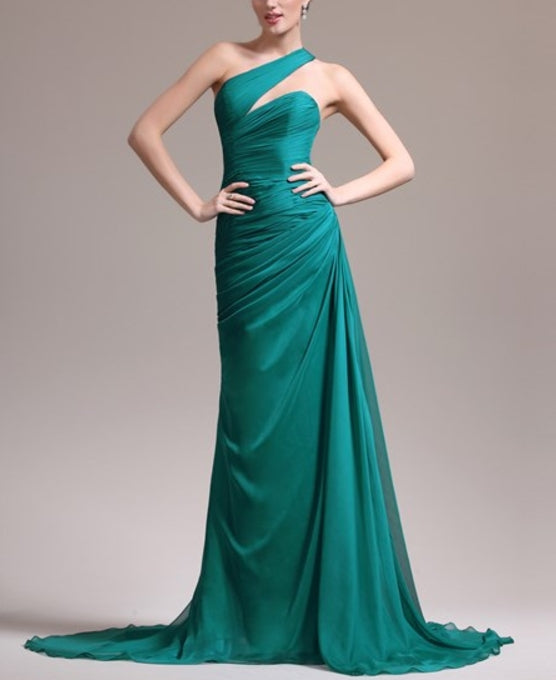 Emerald Green One Shoulder Ruched Bodice Sheath Long Prom Dress