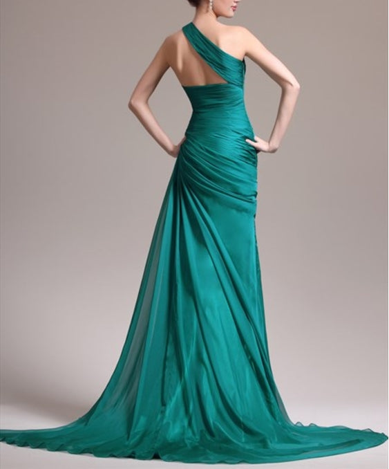 Emerald Green One Shoulder Ruched Bodice Sheath Long Prom Dress