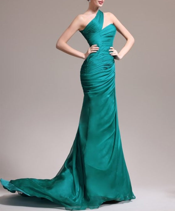 Emerald Green One Shoulder Ruched Bodice Sheath Long Prom Dress