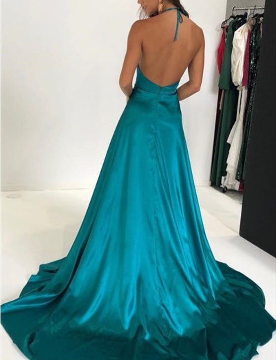 Turquoise Halter Neck Deep V Neck Satin Long Prom Dress With Split