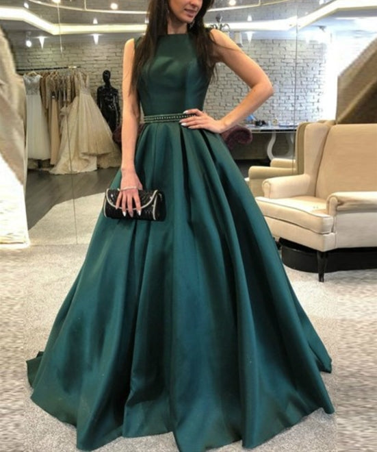 Elegant Emerald Green Bateau Neck Beaded Sleeveless Satin Prom Dress