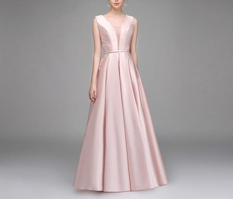 A Line Pink V Neck Sleeveless Pleated Satin Prom Dress
