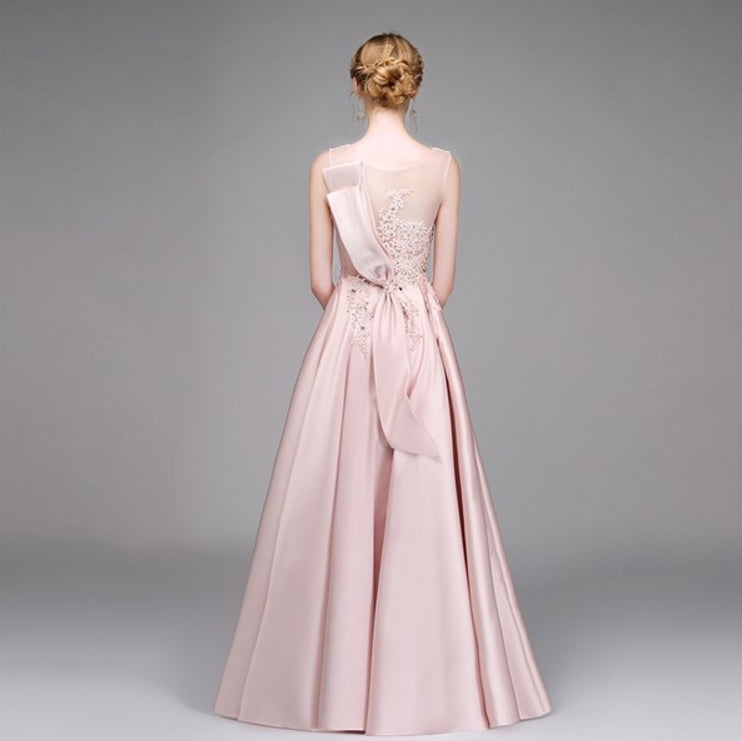 A Line Pink V Neck Sleeveless Pleated Satin Prom Dress