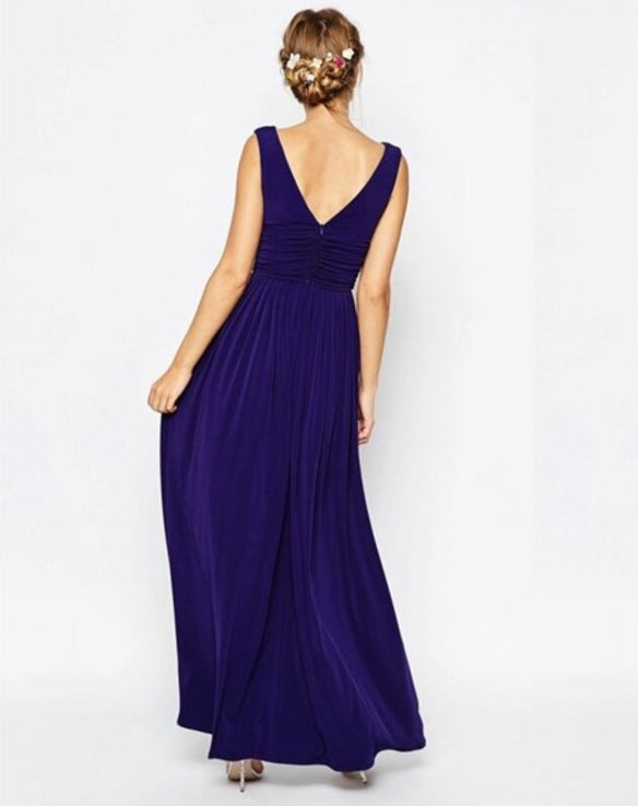 Navy Blue Elegant A Line Royal Blue V Neck Sleeveless Ruched Long Prom Dresses