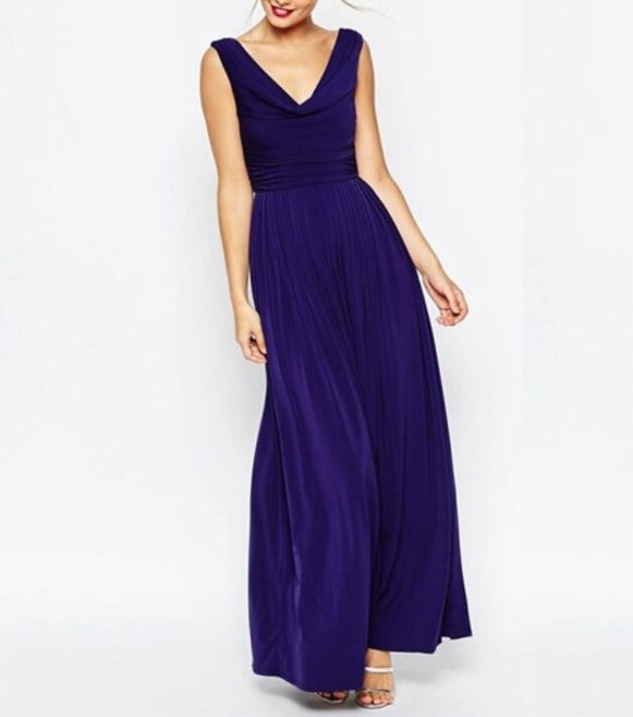 Navy Blue Elegant A Line Royal Blue V Neck Sleeveless Ruched Long Prom Dresses