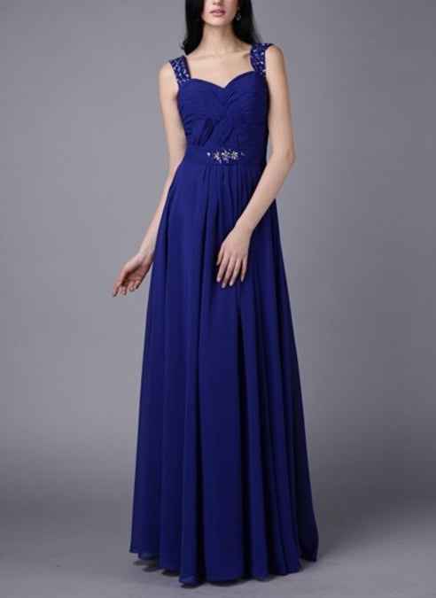 A Line Square Neck Sleeveless Ruched Crystal Chiffon Prom Dress