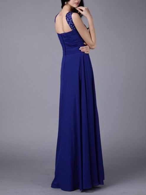 A Line Square Neck Sleeveless Ruched Crystal Chiffon Prom Dress