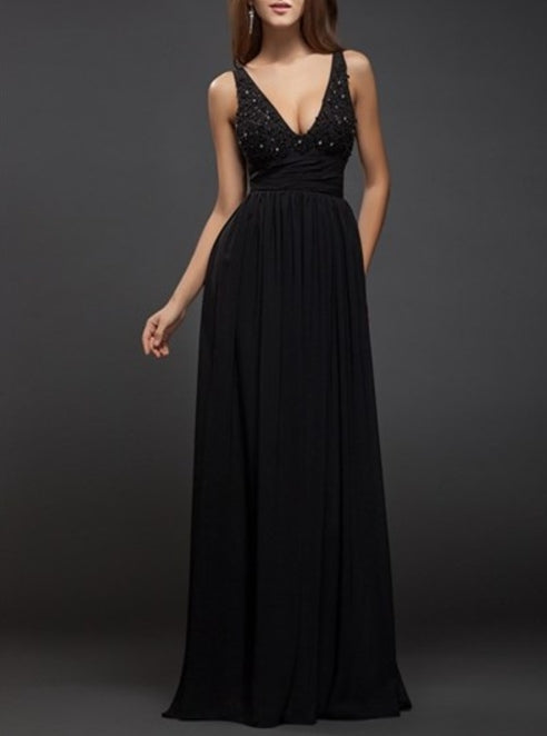 V Neck Beading Keyhole Back Pleated Chiffon Floor Length Prom Dress