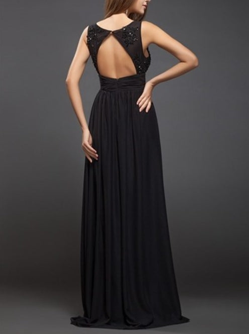 V Neck Beading Keyhole Back Pleated Chiffon Floor Length Prom Dress