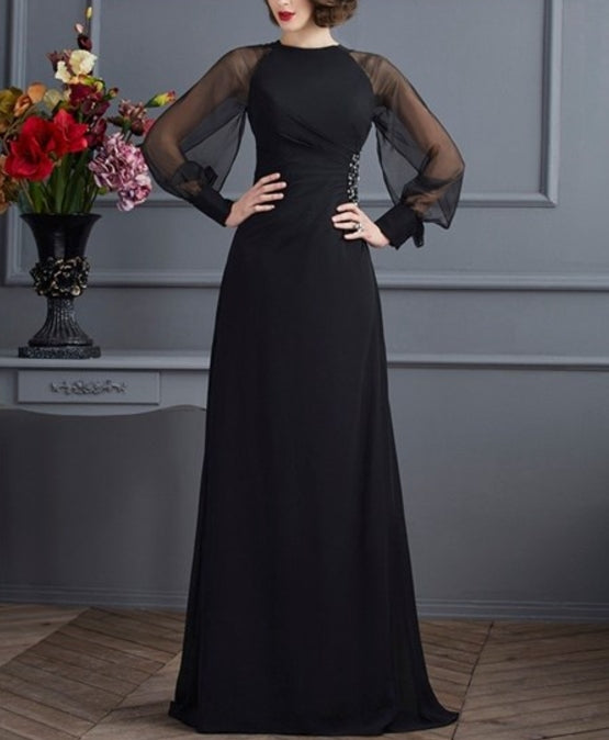 High Neck Puff Sleeve Ruched Empire Beaded Chiffon Long Prom Dress