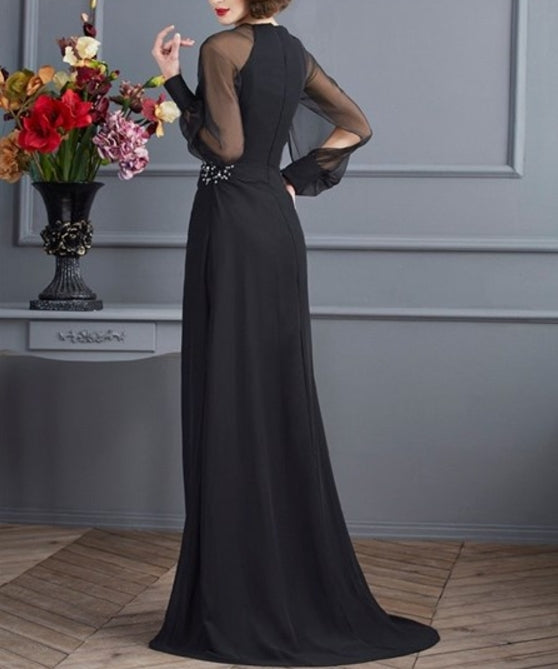 High Neck Puff Sleeve Ruched Empire Beaded Chiffon Long Prom Dress