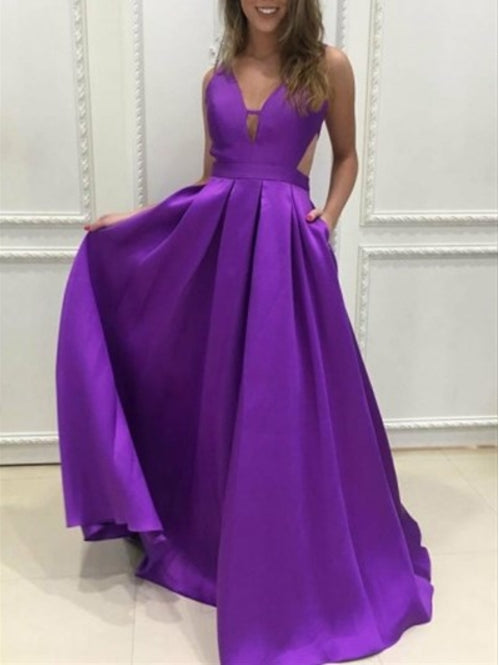 Purple Sleeveless A-Line Deep V-Neck Long Prom Dress With Cutouts