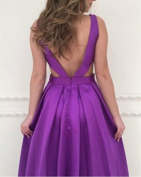 Purple Sleeveless A-Line Deep V-Neck Long Prom Dress With Cutouts