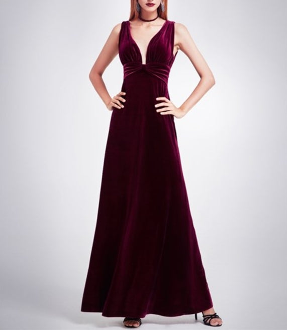 Burgundy Sleeveless V Neck Empire Waist Velvet Floor Length Prom Dress