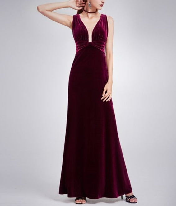 Burgundy Sleeveless V Neck Empire Waist Velvet Floor Length Prom Dress