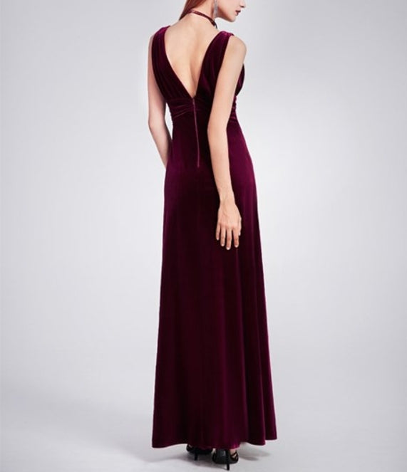 Burgundy Sleeveless V Neck Empire Waist Velvet Floor Length Prom Dress