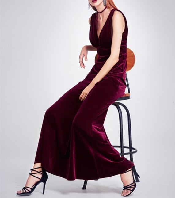 Burgundy Sleeveless V Neck Empire Waist Velvet Floor Length Prom Dress