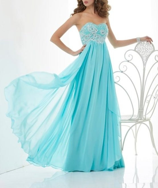 Aqua Blue Strapless Empire Waist Beaded Top Chiffon A-Line Prom Dress