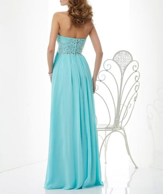 Aqua Blue Strapless Empire Waist Beaded Top Chiffon A-Line Prom Dress