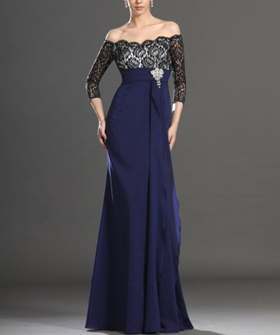 Off The Shoulder Empire Waist Black Lace Top Prom Dress With