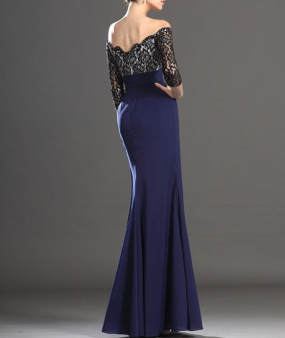 Off The Shoulder Empire Waist Black Lace Top Prom Dress With