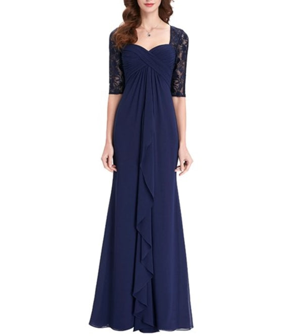 Navy Blue Half Sleeve Sweetheart Lace Chiffon A-Line Long Prom Dress