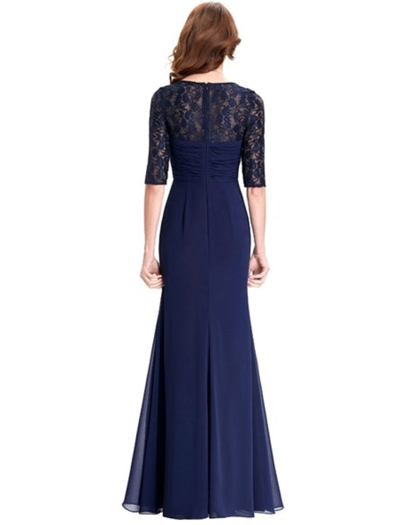 Navy Blue Half Sleeve Sweetheart Lace Chiffon A-Line Long Prom Dress