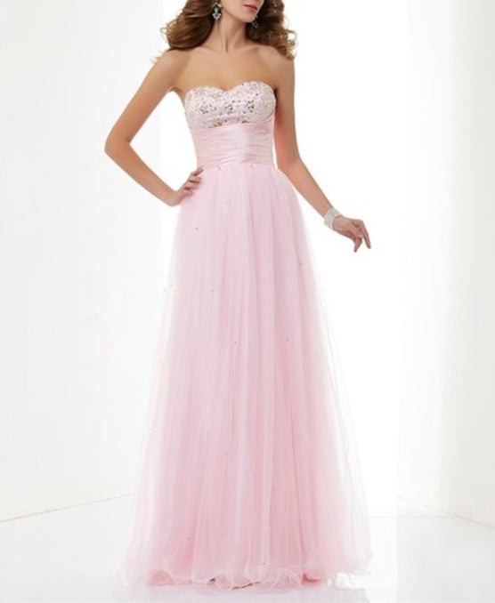 Blush Pink Strapless Tulle Overlay Prom Dress With Ruched Empire Waist