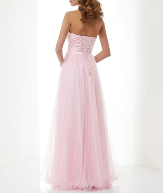 Blush Pink Strapless Tulle Overlay Prom Dress With Ruched Empire Waist