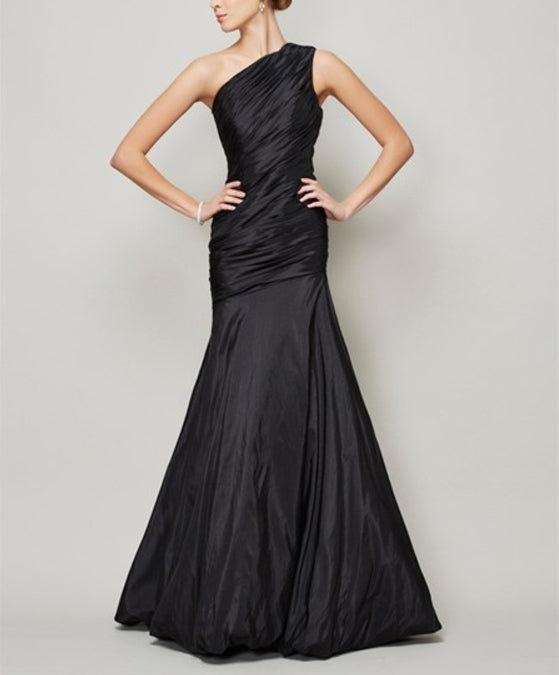 Black One Shoulder Ruched Bodice Drop Waist Mermaid Long Prom Formal Dress