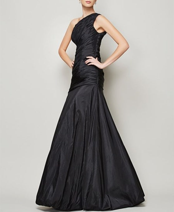 Black One Shoulder Ruched Bodice Drop Waist Mermaid Long Prom Formal Dress