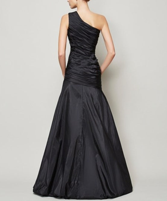 Black One Shoulder Ruched Bodice Drop Waist Mermaid Long Prom Formal Dress