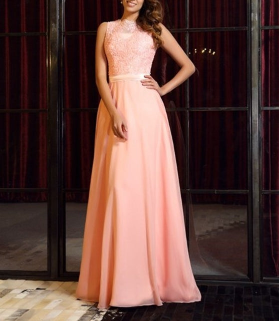 A-Line Sleeveless Lace Bodice Chiffon Long Prom Dress With Sheer Back