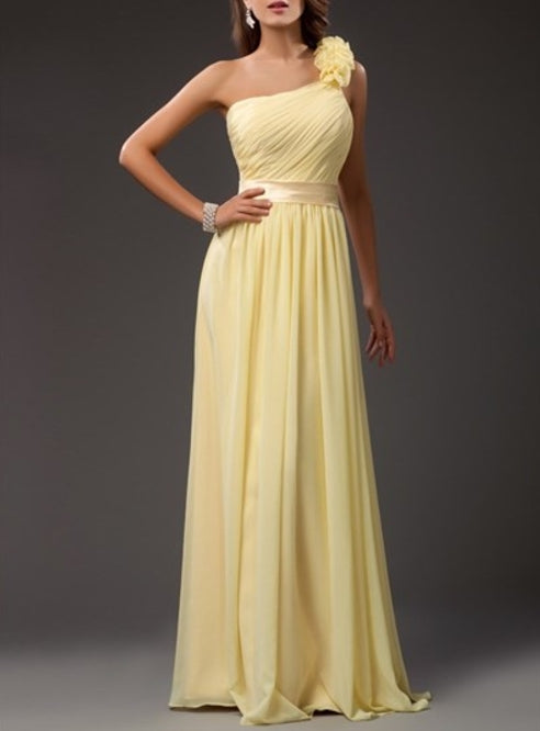 Light Yellow One Shoulder Ruched Bodice Prom Dress With Flower Strap