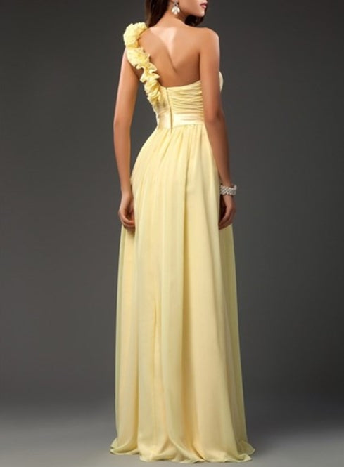 Light Yellow One Shoulder Ruched Bodice Prom Dress With Flower Strap
