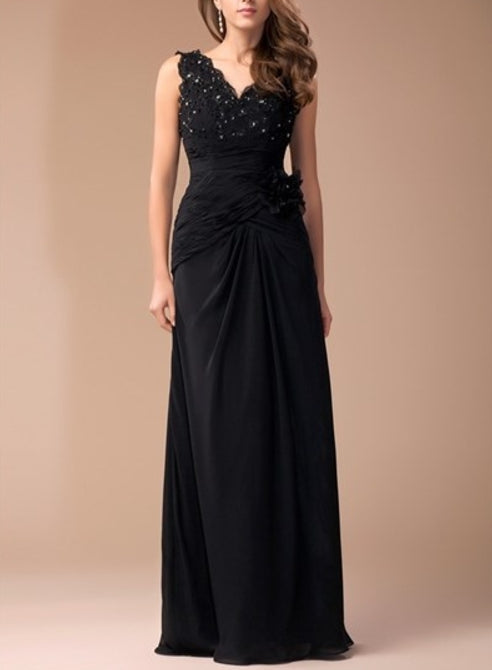 Black Empire Waist V-Neck Beads Embellished Chiffon Long Prom Dress