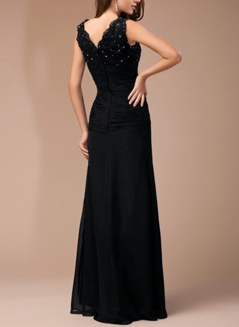Black Empire Waist V-Neck Beads Embellished Chiffon Long Prom Dress