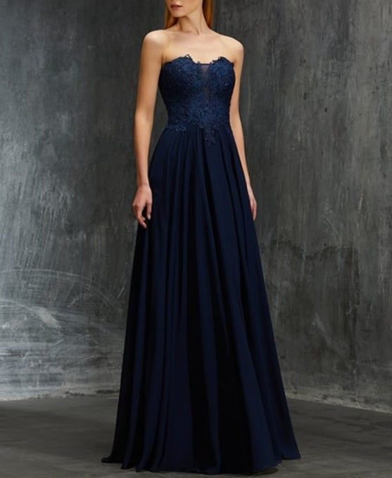 Navy Blue A-Line Strapless Lace Bodice Chiffon Bottom Prom Dress