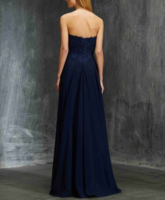 Navy Blue A-Line Strapless Lace Bodice Chiffon Bottom Prom Dress