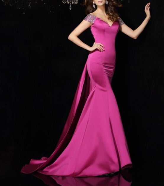 Fuchsia Open Back V Neck Mermaid Floor Length Prom Dress With Train