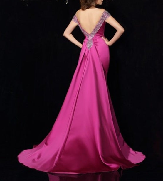 Fuchsia Open Back V Neck Mermaid Floor Length Prom Dress With Train