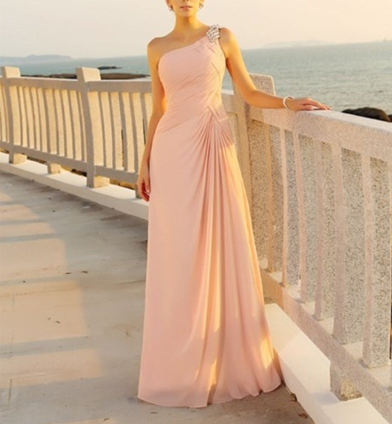 Blush Pink One Shoulder Floor Length Chiffon Prom Dress With Beaded Strap