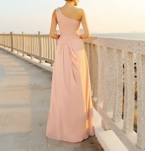 Blush Pink One Shoulder Floor Length Chiffon Prom Dress With Beaded Strap
