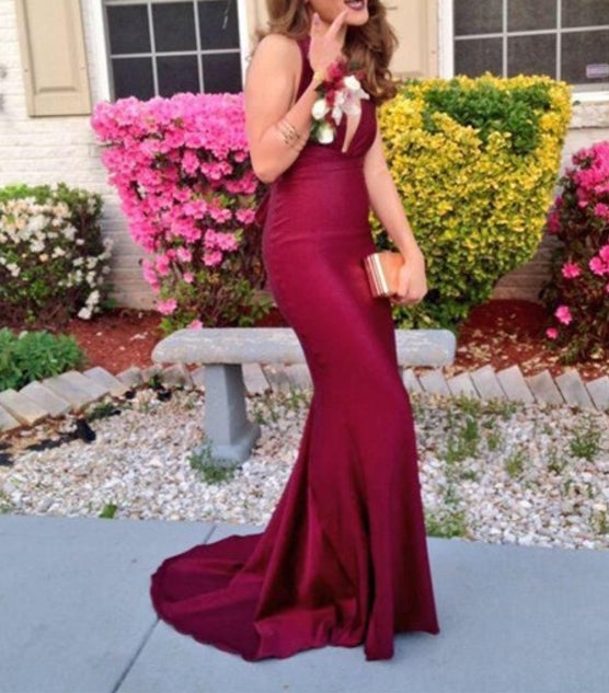 Burgundy Plunge V Neck Sleeveless Mermaid Cut Out Waist Prom Formal Dress