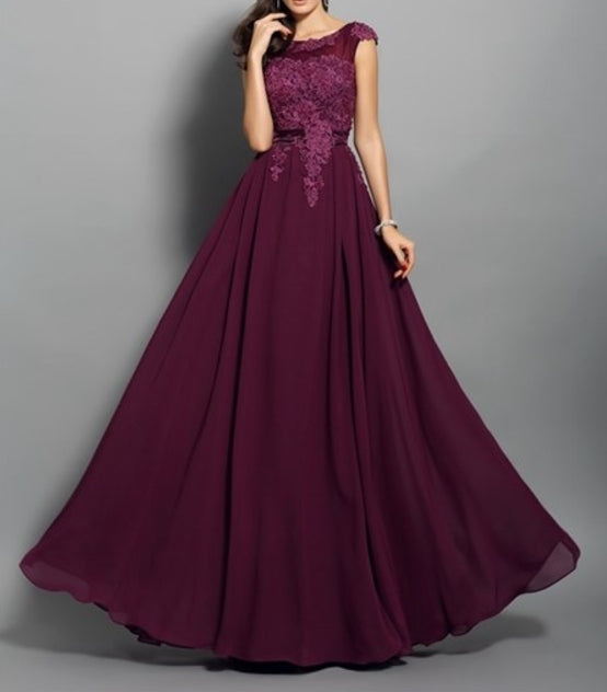 Grape Cap Sleeve Lace Chiffon V-Back A-Line Floor Length Prom Dress
