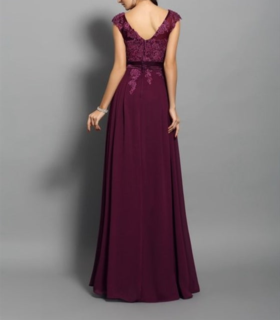 Grape Cap Sleeve Lace Chiffon V-Back A-Line Floor Length Prom Dress