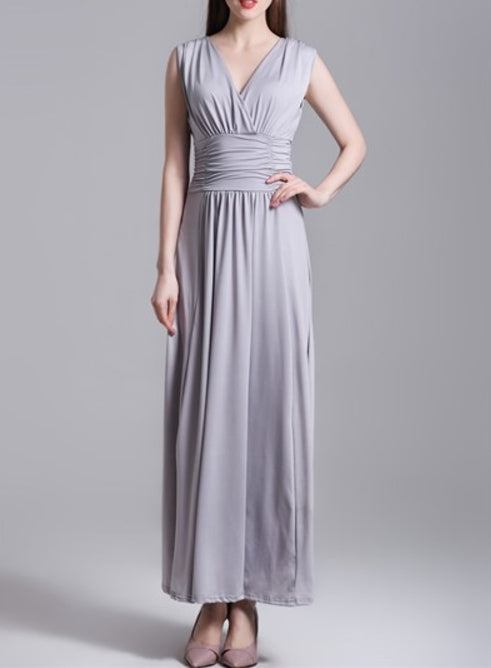 Grey Sleeveless V-Neck A-Line Ruched Chiffon Maxi Dress With Open Back